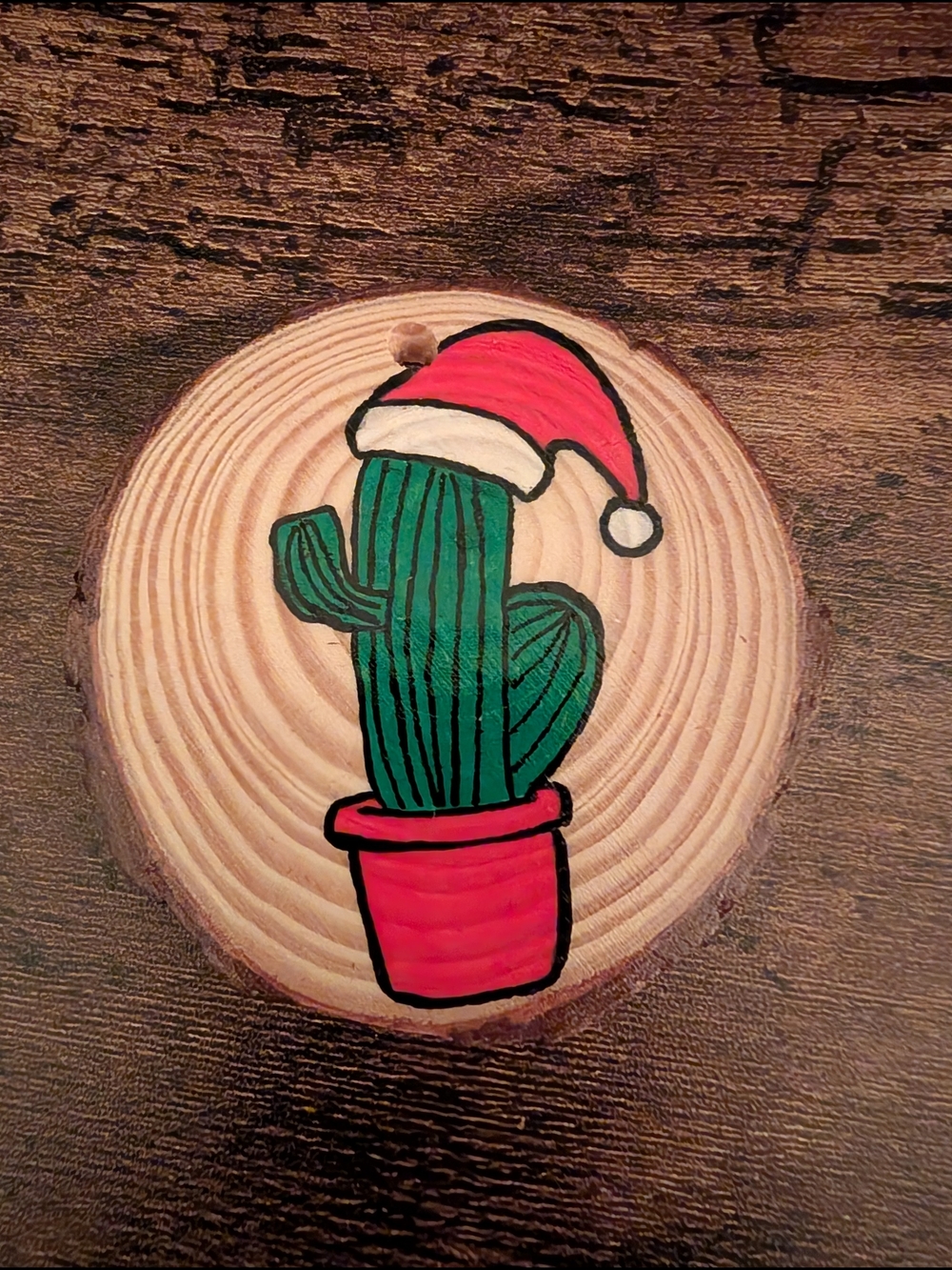 Hand Crafted Christmas Ornament Cactus Santa Wood Slice Hand Painted